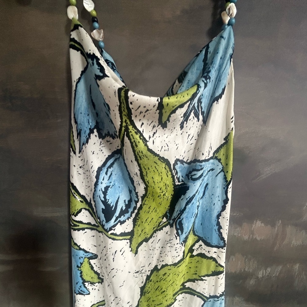 NWOT Topshop cowl neck midi slip dress with beaded straps in green blue floral - Picture 3 of 14